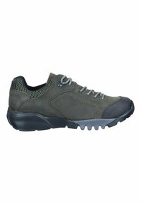 Dark green hiking shoe with suede material, mesh accents, gray laces, and a rugged black rubber sole. Reinforced toe for durability.