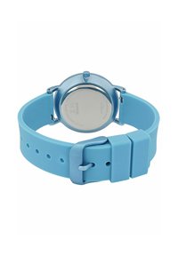 Blauwe siliconen horloge met een ronde, metallic blauwe kast. Roestvrijstalen achterkant, verstelbare gesp en waterdicht tot 30 meter.