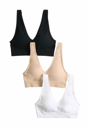Trzy bezszwowe biustonosze typu bralette z dekoltem w serek w kolorach czarnym, beżowym i białym, ułożone pionowo na białym tle.