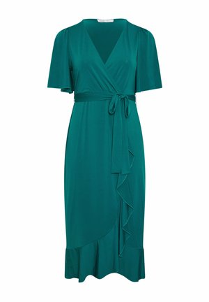 Turquoise wikkeljurk met korte vlindermouwen, V-hals, tailleband, vallende ruches aan de voorkant en ruches aan de zoom.