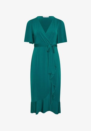 Teal wrap dress with short flutter sleeves, V-neckline, waist tie, cascading ruffle along front, and ruffled hem.