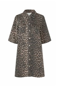 Jeansjurk met korte mouwen in luipaardprint, voorzien van een knoopsluiting aan de voorkant, twee borstzakken en een klassieke kraag in bruin- en zwarttinten.