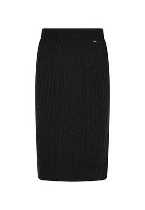 Schwarzer, gestrickter Rock mit einem Kabelmuster, der eine strukturierte Oberfläche und einen gerippten Bund für zusätzlichen Komfort aufweist. Schlichtes und vielseitiges Design.