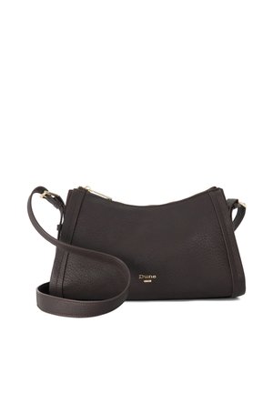 Petit sac à bandoulière en cuir noir avec fermeture éclair dorée et sangle réglable, arborant un logo doré "Dune" sur le devant.