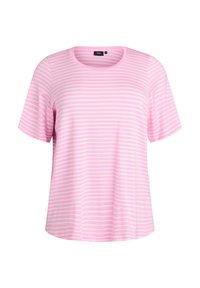 Kortærmet pink og hvidstribet t-shirt med rund halsudskæring, vist på en hvid baggrund.