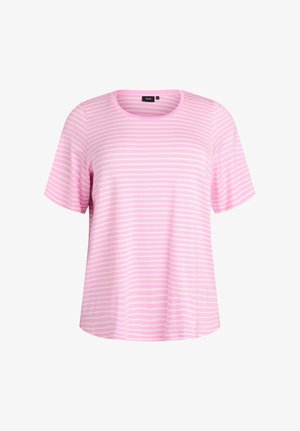 Ručno izrađena majica kratkih rukava s ružičastim i bijelim trakama, s okruglim izrezom, prikazana na bijeloj pozadini.