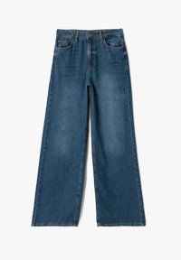 Leveled jeans in mid-blue denim, which feature a classic five-pocket design, a button closure, and a soft texture with faded accents.