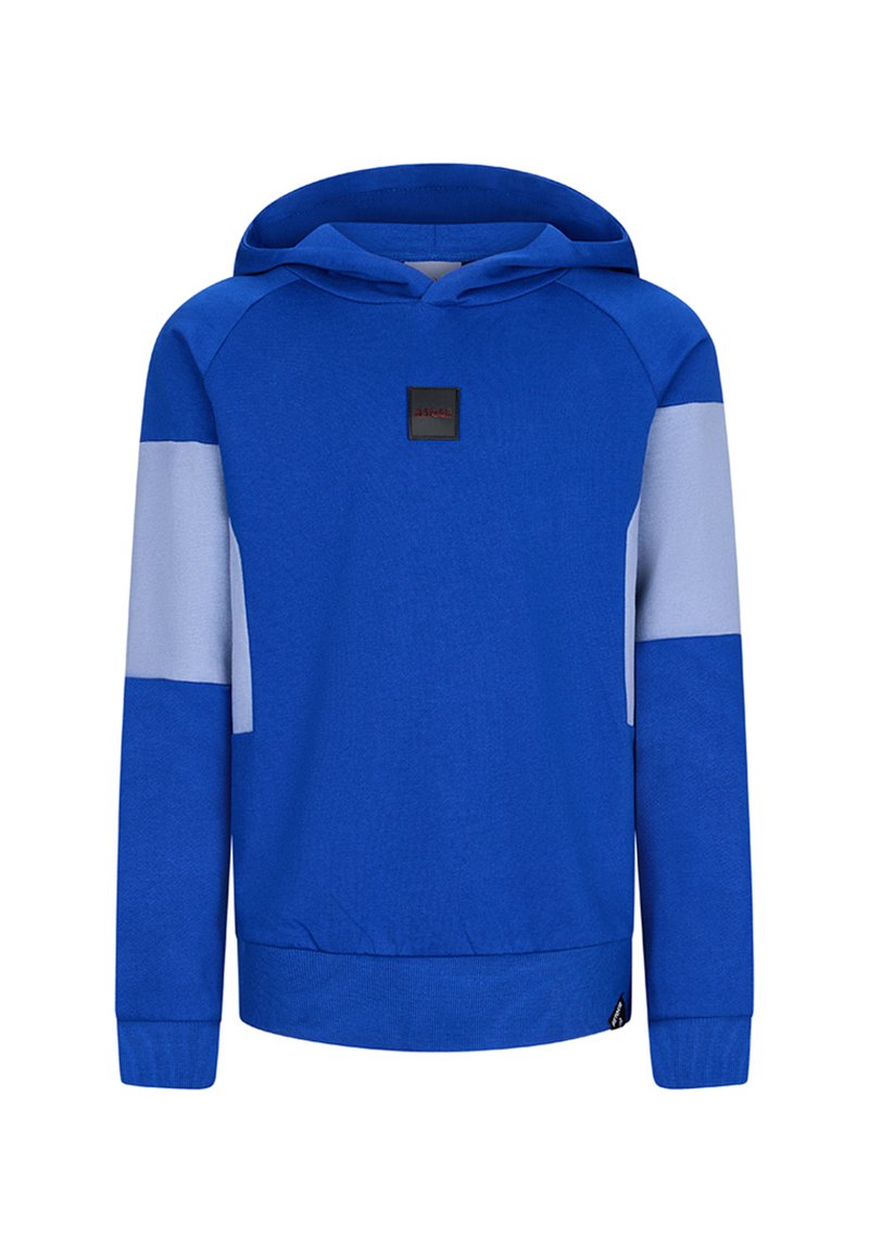 Felpa con cappuccio blu con pannelli sulle spalle di un blu chiaro a contrasto, polsini e orlo ribattuti, e una piccola etichetta nera sul davanti.