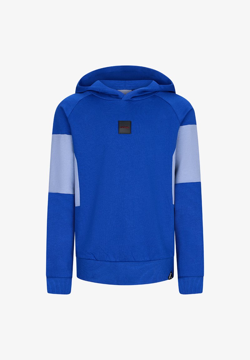 Felpa con cappuccio blu con pannelli sulle spalle di un blu chiaro a contrasto, polsini e orlo ribattuti, e una piccola etichetta nera sul davanti.