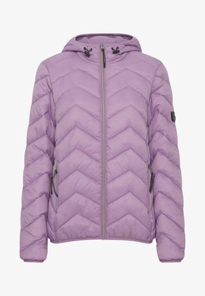 Purple puffer jacket with a chevron quilted design, front zipper, and drawstring hoodie. Features side zip pockets and branding on sleeve.