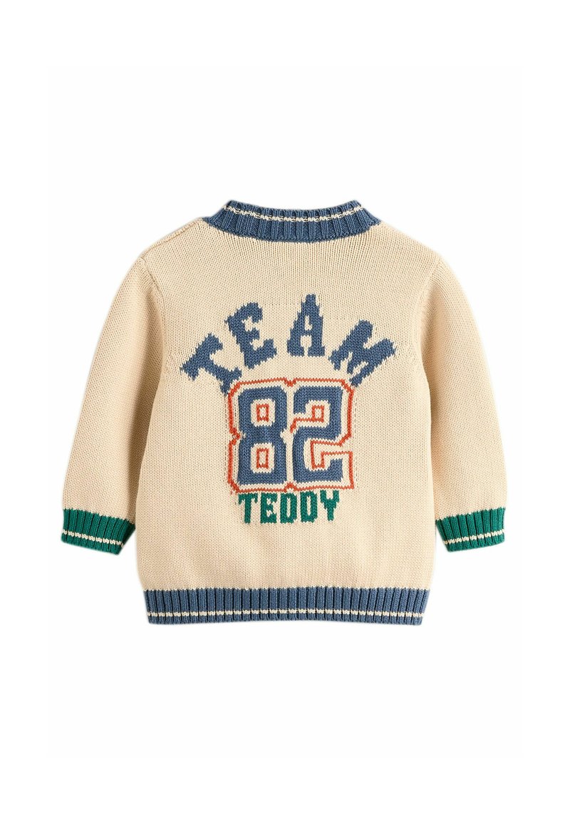 Cremfarbener Strickpullover mit blauem und grünem Rippenkragen und -bündchen. Auf der Rückseite steht in bunten Blockbuchstaben "TEAM 82 TEDDY".