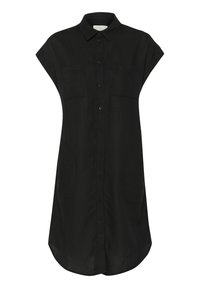 Abito in lino nero con bottoni sul davanti, maniche corte, due tasche sul petto e orlo curvato. Tessuto liscio, vestibilità comoda.