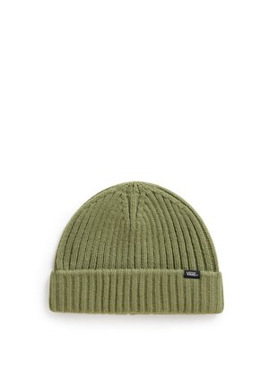 Gorro de punto acanalado en verde oliva con ala doblada y una pequeña etiqueta del logo de Vans en el lateral. Textura suave, forma redondeada.