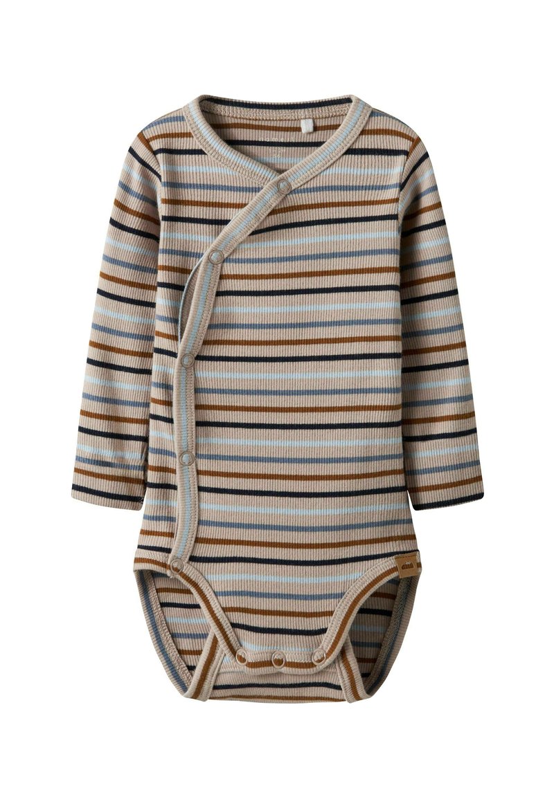 Pasiasty body z długim rękawem w beżowych, brązowych i niebieskich odcieniach. Posiada fason typu wrap z zapięciami na zatrzask z przodu oraz na otworach na nogi.