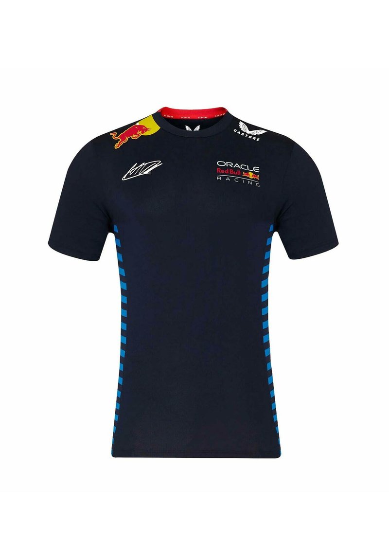 Koszulka wyścigowa z krótkim rękawem w kolorze granatowym z niebieskimi paskami, z logo sponsorów na ramionach i okrągłym dekoltem. Miękki materiał.
