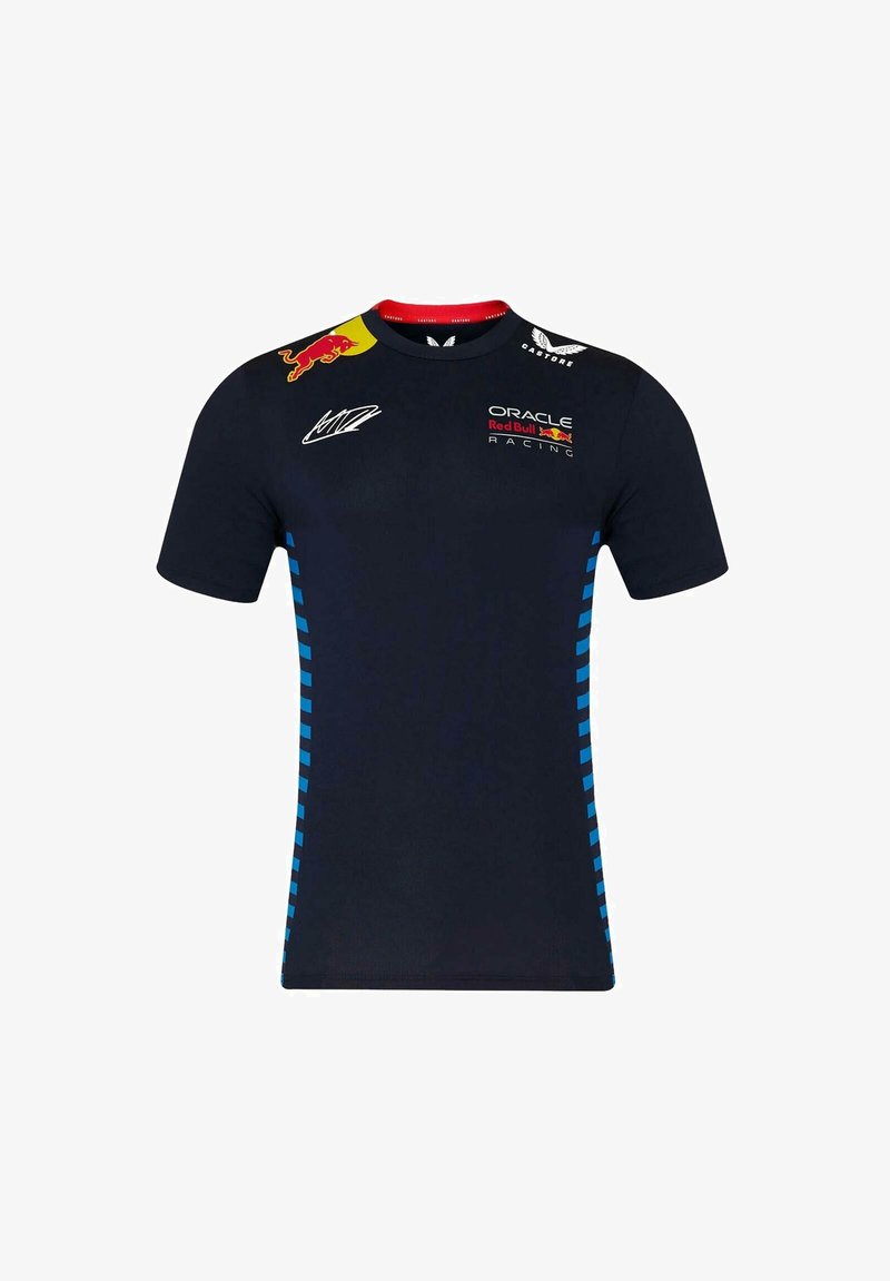 Koszulka wyścigowa z krótkim rękawem w kolorze granatowym z niebieskimi paskami, z logo sponsorów na ramionach i okrągłym dekoltem. Miękki materiał.