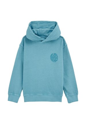 Light blue hoodie made from soft fabric, featuring a relaxed fit, kangaroo pocket, and a circular logo on the left chest.