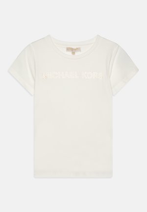 Valkoinen puuvillapaita lyhyillä hihoilla, jossa on painettu "MICHAEL KORS" metallinhohtoisen kultaisena. Pyöreä kaula-aukkko, sileä pinta.