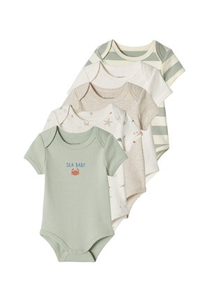 Five short-sleeve baby bodysuits in green, starfish print, beige, white, and green-white stripes, front buttons, "Sea Baby" text on green bodysuit.