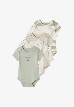 Five short-sleeve baby bodysuits in green, starfish print, beige, white, and green-white stripes, front buttons, "Sea Baby" text on green bodysuit.
