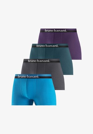 Vier Paare Herren-Boxershorts in Blau, Teal, Dunkelgrau und Lila. Jede hat einen schwarzen Bund mit dem Markennamen "bruno banani."