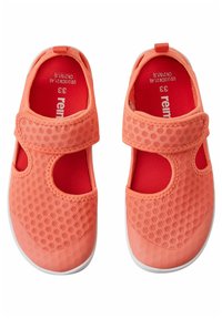 Orange fabric shoes with a textured, honeycomb pattern, featuring a Velcro strap and open sides. White soles with red interior lining. Size 33.