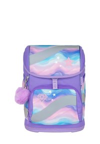 Lila Rucksack mit wellenförmigen Pastellmustern, grauen Akzenten und einem flauschigen Pom-Pom-Schlüsselanhänger. Enthält Sterne- und Diamantmotive. Strapazierfähiges Material.