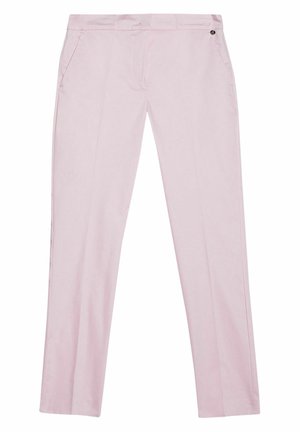 Pantalones rosa claro hechos de tela suave, con bolsillos laterales y un pequeño detalle de botón de metal en la cintura. Corte entallado con piernas rectas.