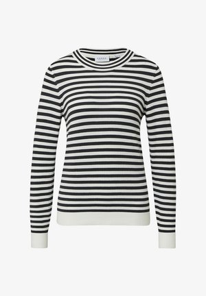 Sweter w czarno-białe paski z okrągłym dekoltem, długimi rękawami oraz ściągaczami przy rękawach i na dole. Wykonany z dzianiny z równomiernym poziomym wzorem.