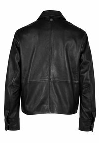 Giacca in pelle nera con colletto, maniche lunghe e texture liscia. Presenta un design sul retro pulito con dettagli di cucitura sottili.