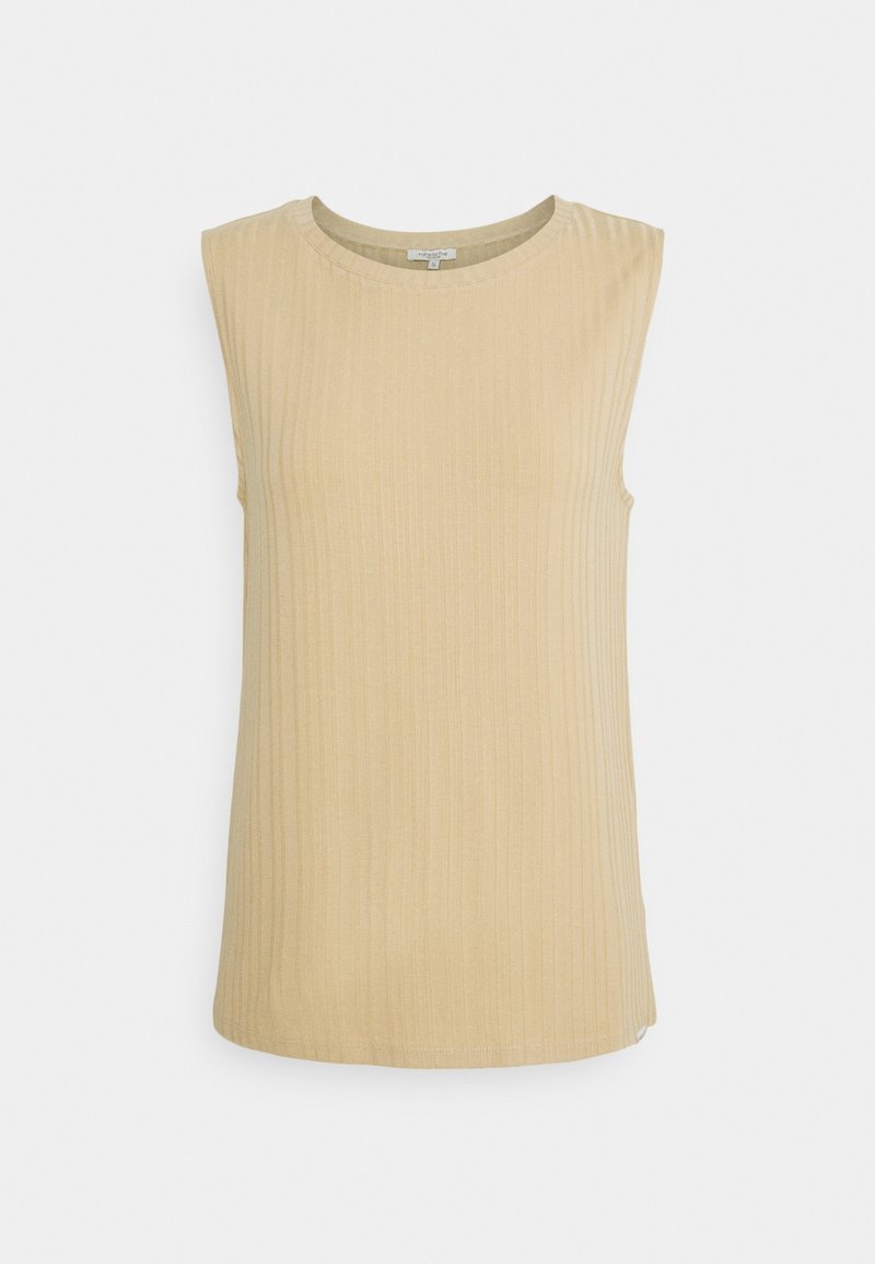 Haut sans manches beige en maille côtelée avec un col rond, présenté sur un fond clair uni.
