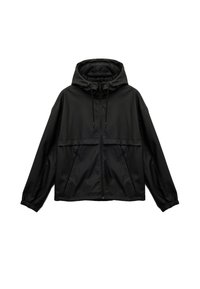 Zwarte hooded jacket met een voorrits, elastische manchetten en een gladde textuur. Heeft een verdeeld paneelontwerp en zijzakken.