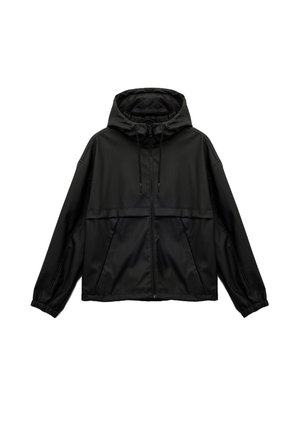 Zwarte hooded jacket met een voorrits, elastische manchetten en een gladde textuur. Heeft een verdeeld paneelontwerp en zijzakken.