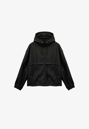 Zwarte hooded jacket met een voorrits, elastische manchetten en een gladde textuur. Heeft een verdeeld paneelontwerp en zijzakken.