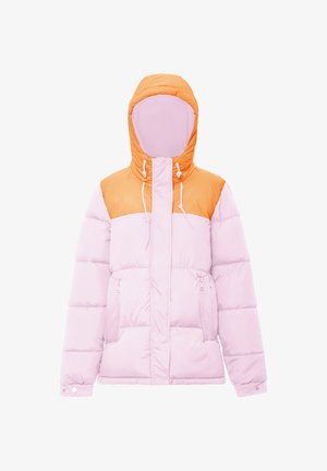 Roosast puffer jakk oranži rinnaosaga, millel on kapuuts, eesmine lukuga ja kaks küljetaskut. Sile tekstuur koos tikandiga disainiga.