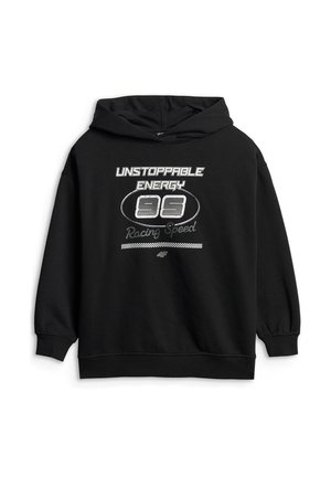 Czarna bluza z kapturem z białym napisem "UNSTOPPABLE ENERGY 99 Racing Speed" i małym logo 4F pod napisem.