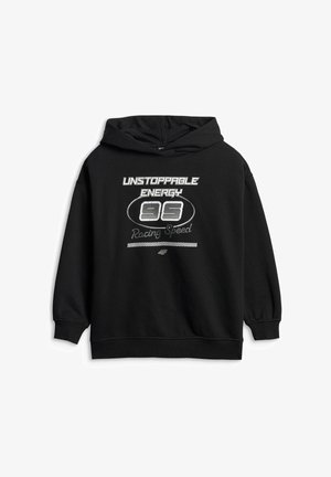 Czarna bluza z kapturem z białym napisem "UNSTOPPABLE ENERGY 99 Racing Speed" i małym logo 4F pod napisem.