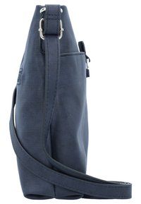 Borsa a tracolla blu navy in tessuto a coste, dotata di tracolla removibile, tasca laterale e chiusura a zip con un piccolo tirante.