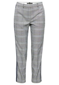 Grijze geruite broek met blauw-witte lijnen, getailleerde pasvorm, rechte pijpen en zijpaneelaccenten in marineblauw. Voorzien van een klassieke tailleband.