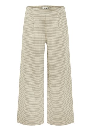 Pantaloni beige a gamba larga con motivo a quadri, vita piatta e due tasche frontali. Il tessuto ha una consistenza liscia.