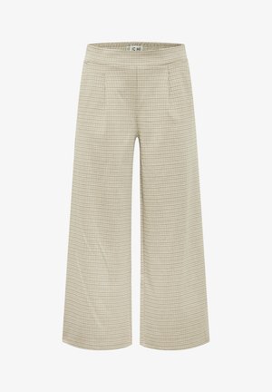 Beżowe spodnie szerokie z checkered wzorem, płaskim pasem i dwoma przednimi kieszeniami. Materiał ma gładką fakturę.