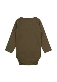 Bodysuit s dugim rukavima u maslinasto zelenoj boji od pamuka. Ima okrugli izrez i kopče na dnu za lako oblačenje. Glatka textura, jednostavan dizajn.