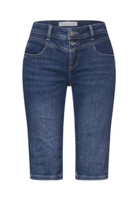 Jeansowe bermudy w ciemnym niebieskim kolorze o gładkiej fakturze, z podwójnym zapięciem na guziki, pięcioma kieszeniami i subtelnymi detalami szycia.