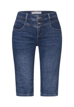 Bermudas en jean bleu foncé avec une texture lisse, dotées d'une fermeture à double bouton, de cinq poches et de détails de couture subtils.