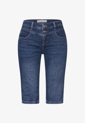 Džínové bermudy v tmavě modré barvě s hladkou texturou, s dvojitým zapínáním, pěti kapsami a jemnými švy.