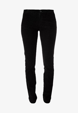 Zwarte corduroy broek met een aansluitend ontwerp, voorzien van een knoopsluiting, riemlussen en gestructureerde stof met subtiele ribbels verspreid over de hele broek.