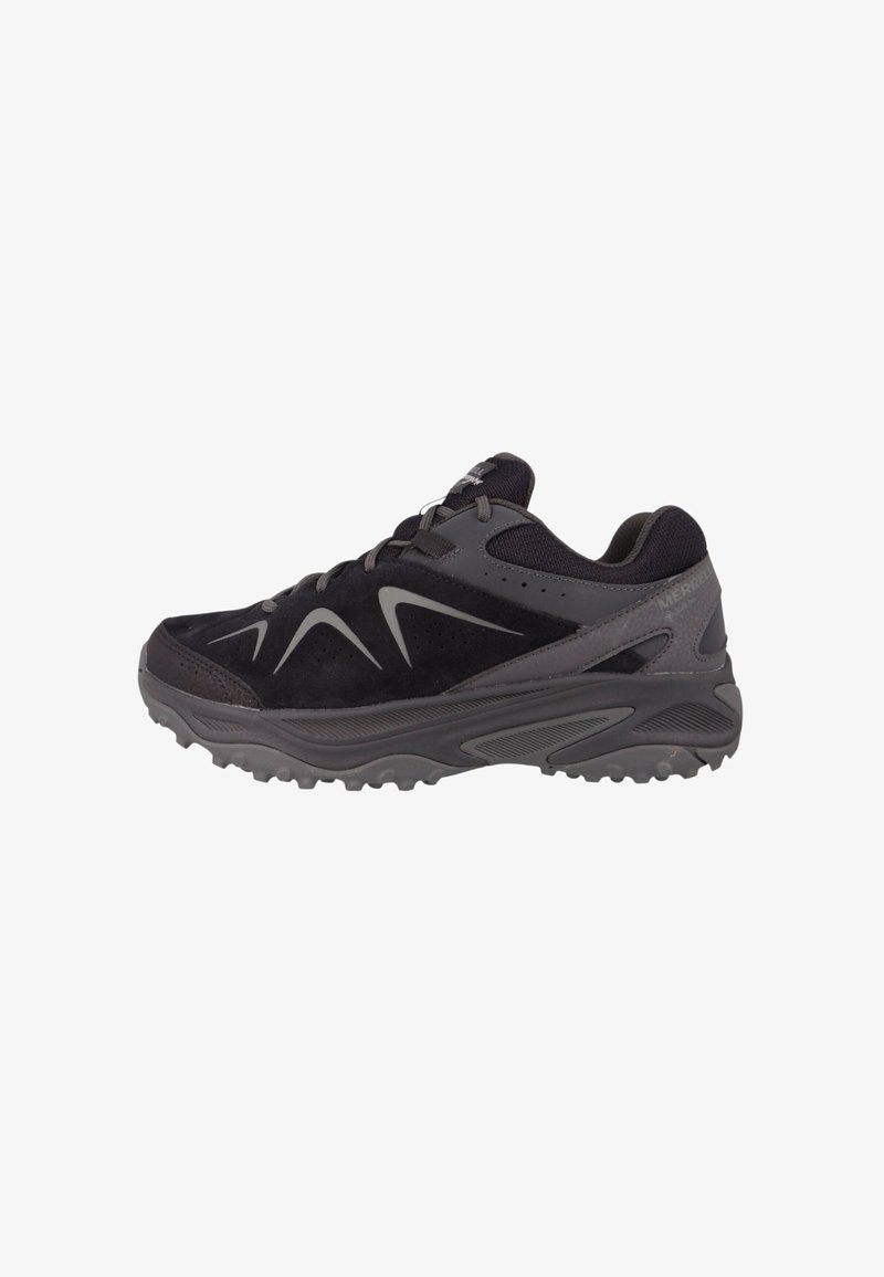 Czarne buty trekkingowe z szarymi akcentami, wykonane z zamszu i siateczkowego materiału, z solidną podeszwą, wyściełanym kołnierzem i sznurowanym zapięciem. Posiadają teksturowany design.