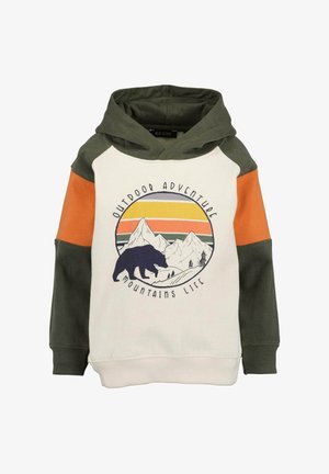 Hooded sweatshirt with a cream body, green and orange accents, featuring a mountain and bear graphic with the text "Outdoor Adventure."