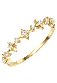 Zelta gredzens ar zvaigznītes formu, iemontētiem maziem caurspīdīgiem kristāliem, kuri mijas ar gludām zelta akcentiem, veidojot smalku rakstu.