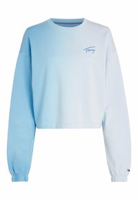 Sudadera corta de color azul claro con mangas largas, puños acanalados y un pequeño logo bordado en el pecho. Textura suave de mezcla de algodón.